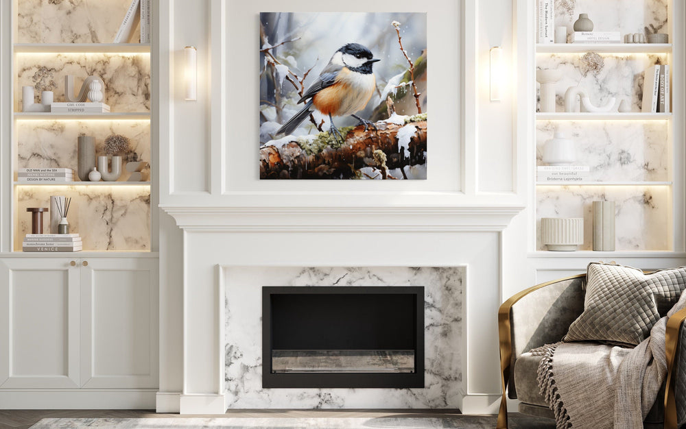 Framed canvas art of a chickadee in the snow.