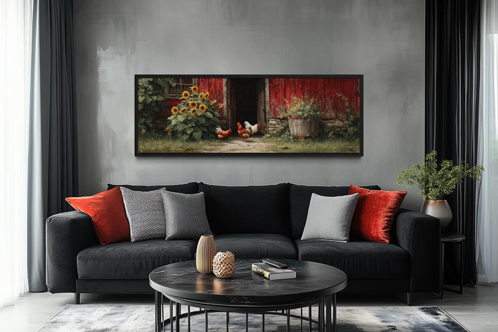 Chickens And Rooster Canvas Print with Sunflowers - Rustic Farmhouse Wall Art Decor