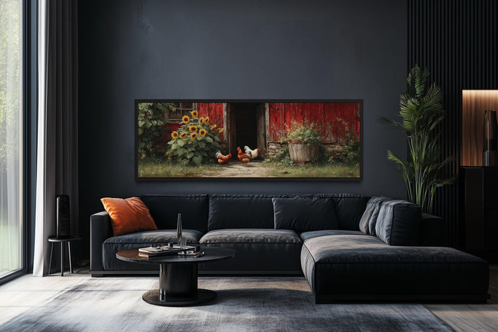 Chickens And Rooster Canvas Print with Sunflowers - Rustic Farmhouse Wall Art Decor
