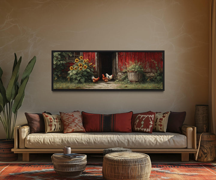 Chickens And Rooster Canvas Print with Sunflowers - Rustic Farmhouse Wall Art Decor