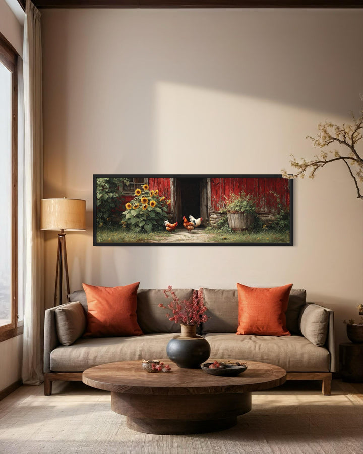 Chickens And Rooster Canvas Print with Sunflowers - Rustic Farmhouse Wall Art Decor