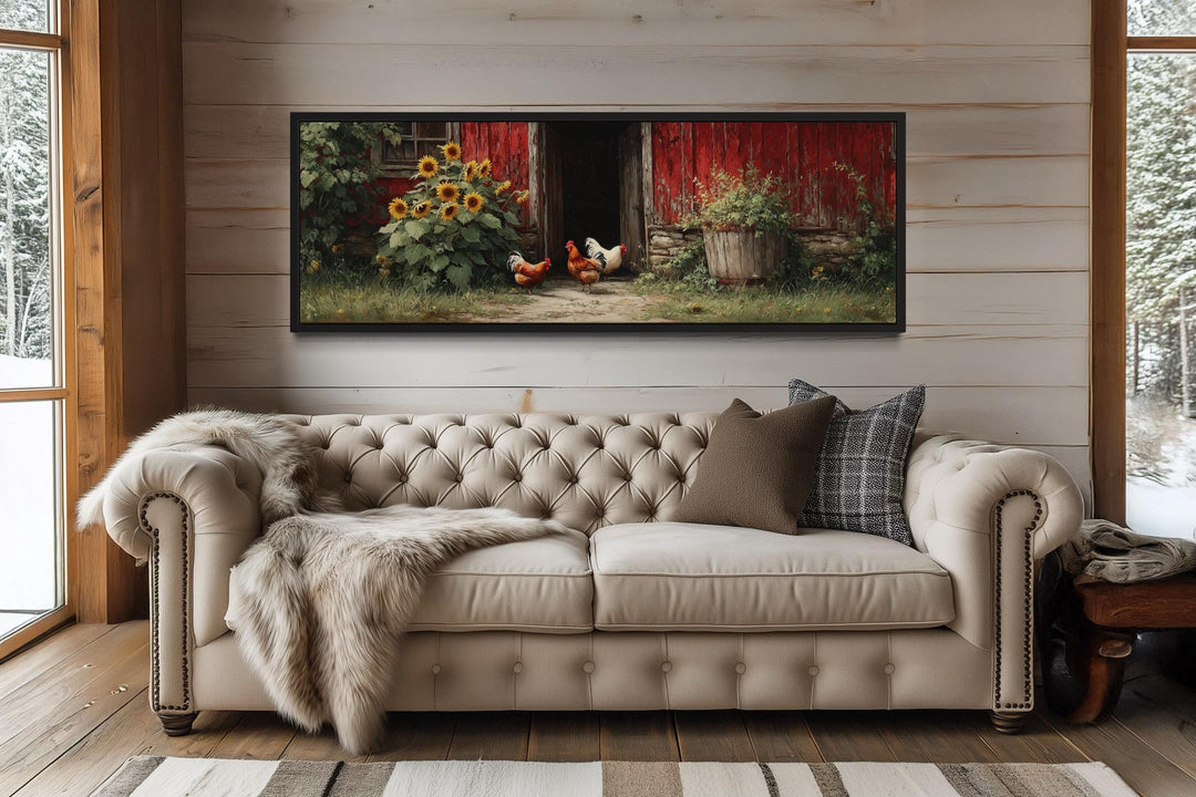 Chickens And Rooster Canvas Print with Sunflowers - Rustic Farmhouse Wall Art Decor
