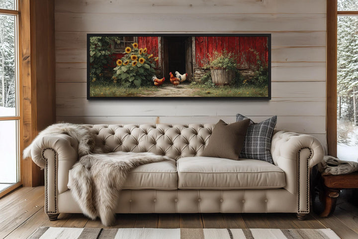 Chickens And Rooster Canvas Print with Sunflowers - Rustic Farmhouse Wall Art Decor