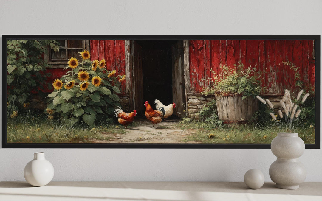 Chickens And Rooster Canvas Print with Sunflowers - Rustic Farmhouse Wall Art Decor