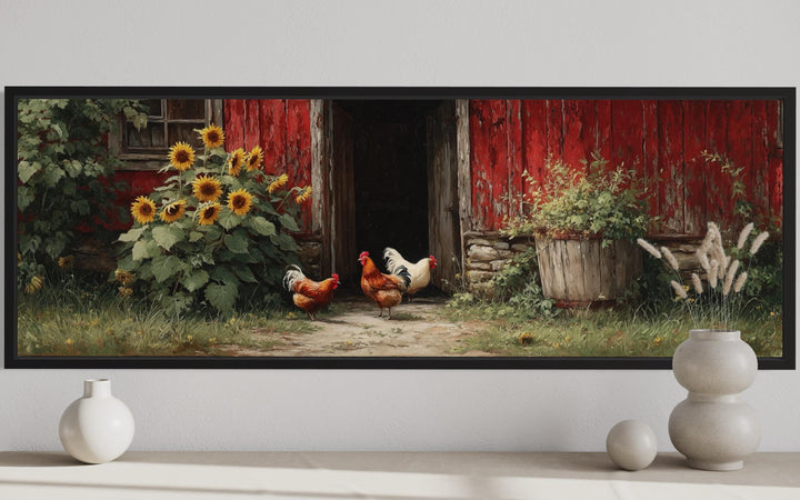 Chickens And Rooster Canvas Print with Sunflowers - Rustic Farmhouse Wall Art Decor