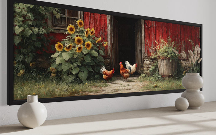 Chickens And Rooster Canvas Print with Sunflowers - Rustic Farmhouse Wall Art Decor