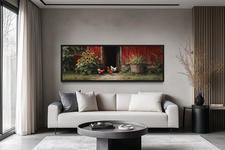 Chickens And Rooster Canvas Print with Sunflowers - Rustic Farmhouse Wall Art Decor