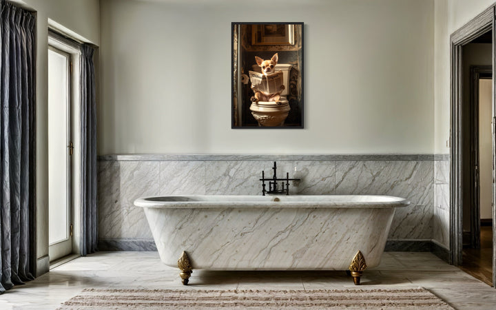 a bathroom with a claw foot tub and a painting on the wall