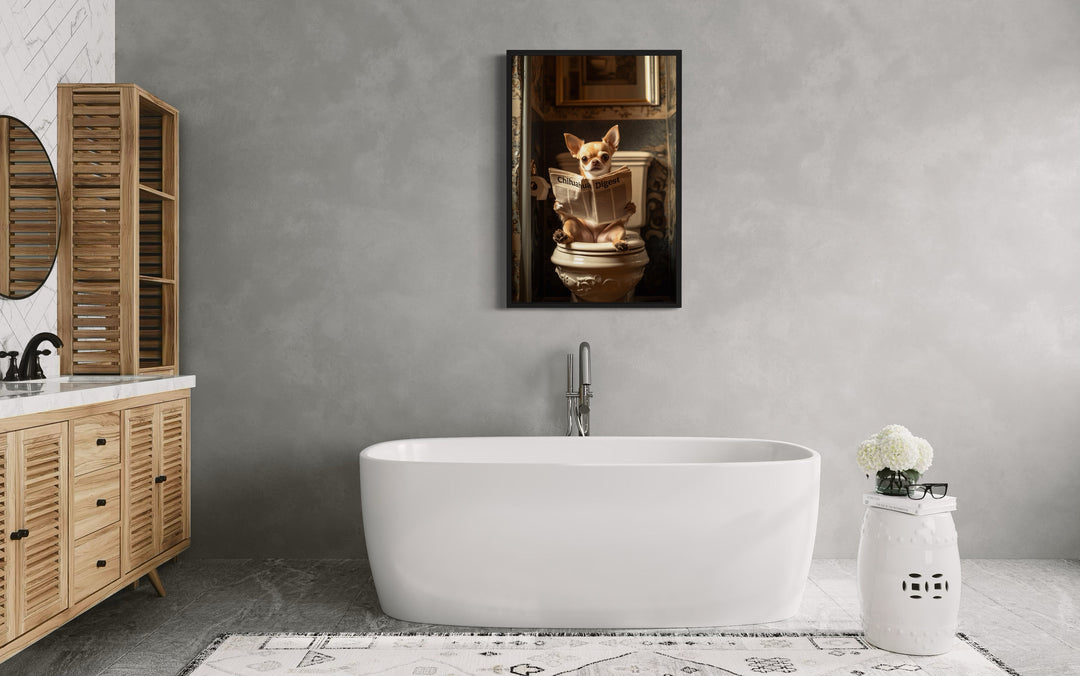 a bathroom with a tub and a painting on the wall