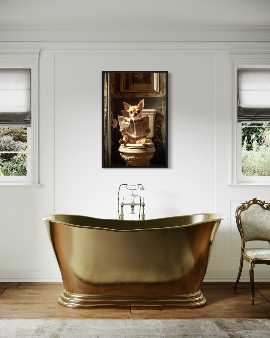 a bathroom with a claw foot tub and a painting on the wall