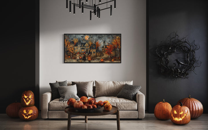 Children Trick Or Treat In Decorated Village Cute Halloween Wall Art