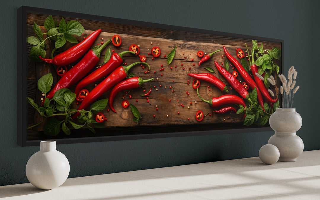 Chilli Peppers Sliced On Wooden Board Framed Canvas Wall Art For Kitchen Decor