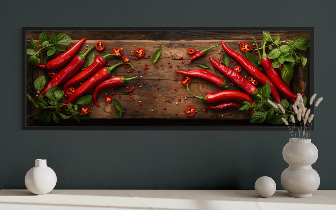 Chilli Peppers Sliced On Wooden Board Framed Canvas Wall Art For Kitchen Decor