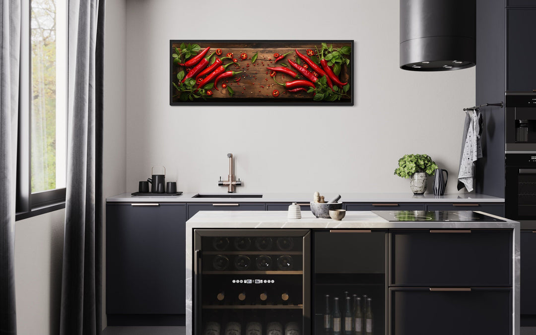 Chilli Peppers Sliced On Wooden Board Framed Canvas Wall Art For Kitchen Decor