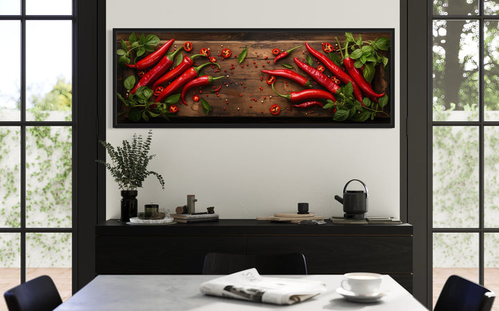 Chilli Peppers Sliced On Wooden Board Framed Canvas Wall Art For Kitchen Decor