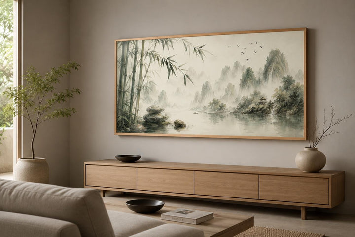 Chinese landscape wall art with misty mountains and bamboo above a wooden console table.