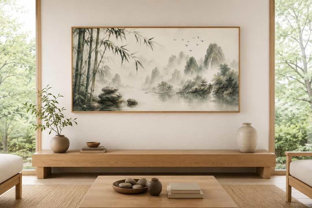 Chinese landscape wall art with bamboo and misty mountains in a zen sage green and gray palette.