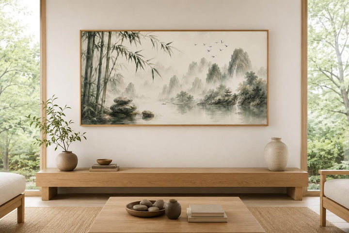 Chinese landscape wall art with bamboo and misty mountains in a zen sage green and gray palette.