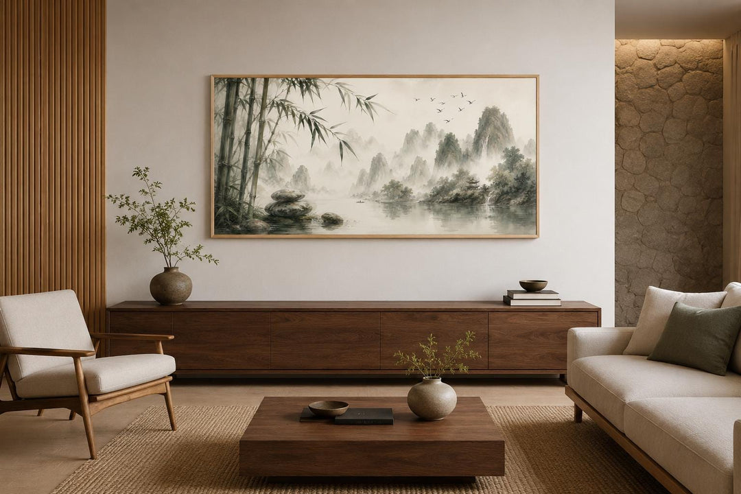 Chinese landscape wall art with misty mountains and bamboo in a zen sage green and gray palette.