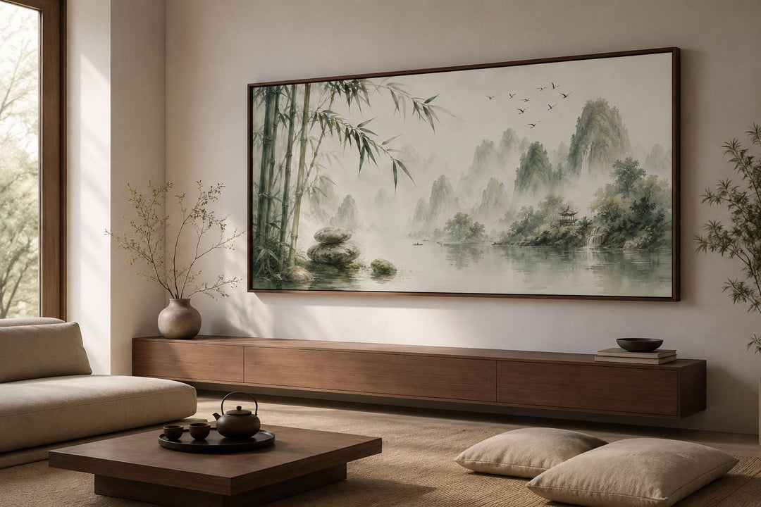 Chinese landscape canvas print featuring misty mountains and bamboo in sage green and gray tones.