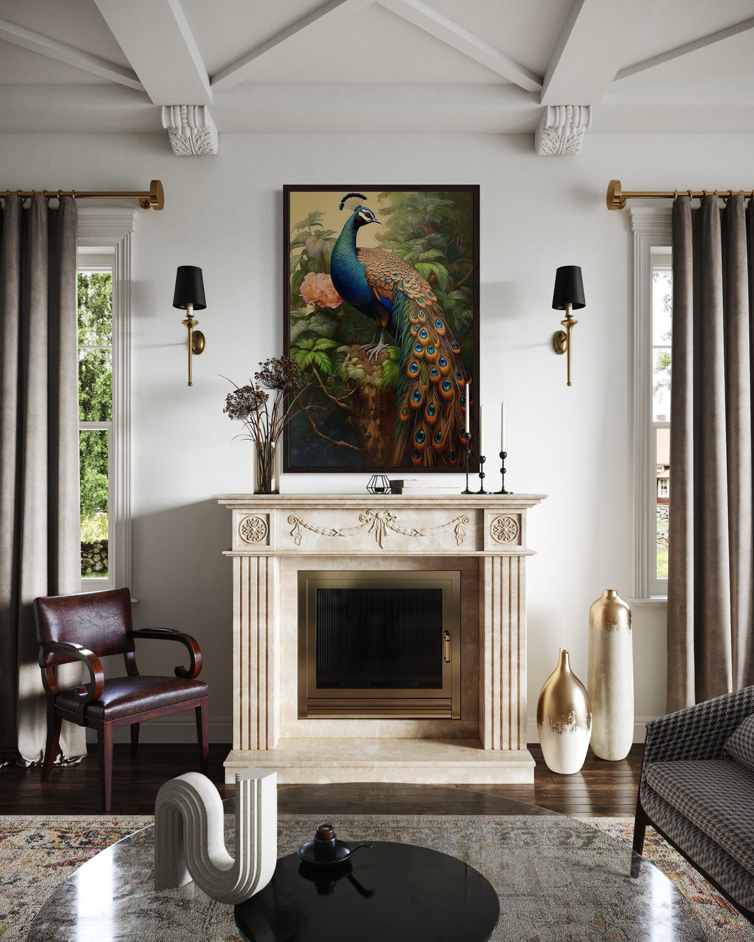 Chinese Peacock Framed Canvas Wall Art displayed above a marble fireplace in a living room.