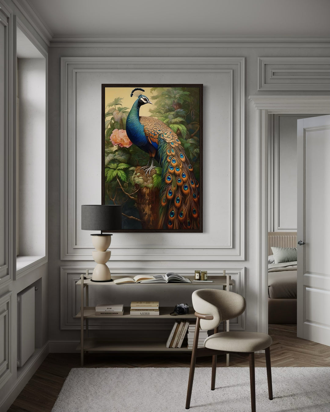 Chinese Peacock Framed Canvas Wall Art featuring a majestic peacock in a traditional style.