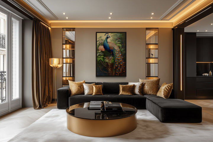 Chinese Peacock Framed Canvas Wall Art hanging above a black sectional sofa in a modern living room.