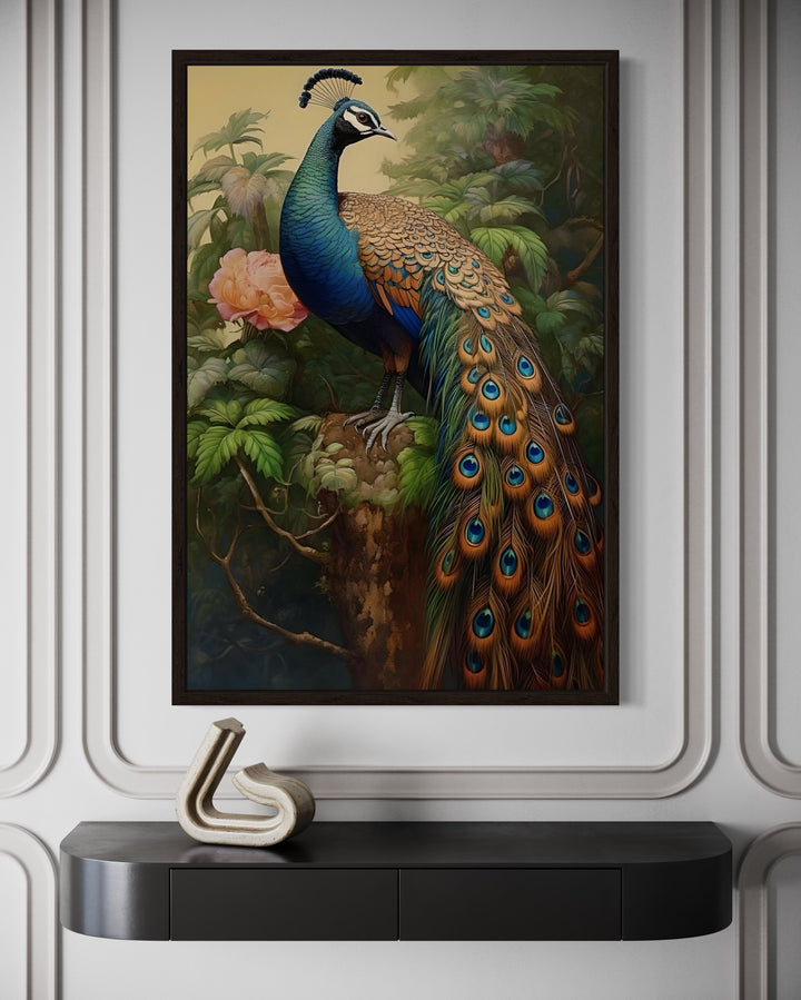 Chinese Peacock Framed Canvas Wall Art hanging above a black console table in a modern room.
