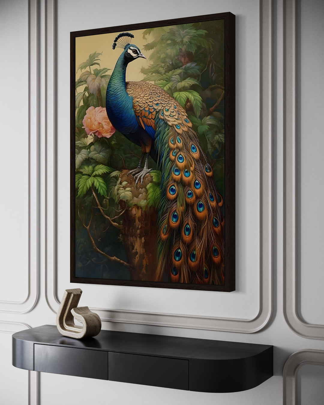 Chinese Peacock Framed Canvas Wall Art hanging above a black console table in a modern room.