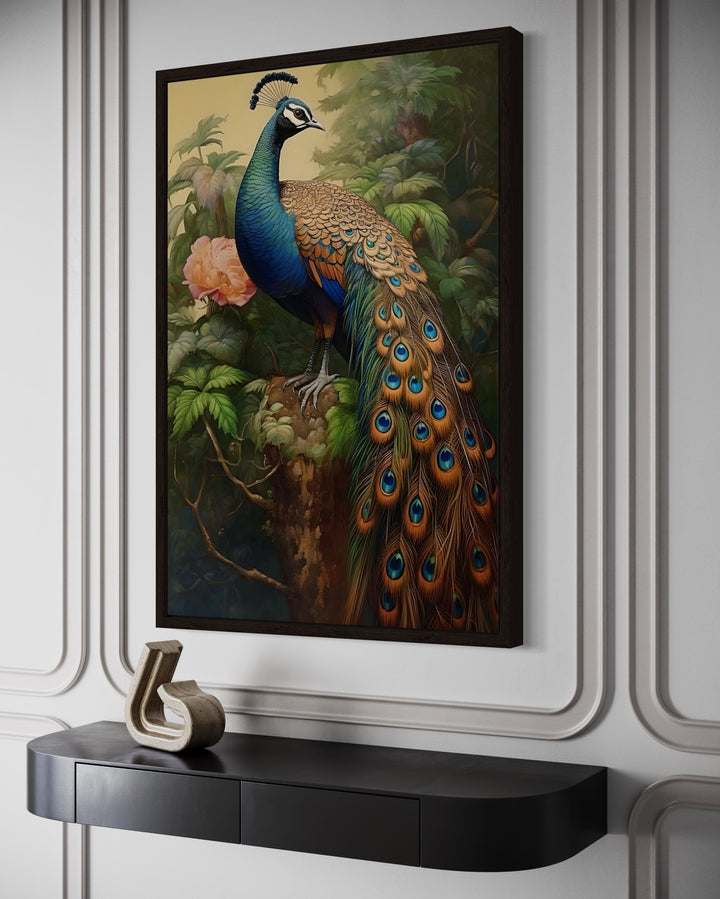 Chinese Peacock Framed Canvas Wall Art hanging above a black console table in a modern room.