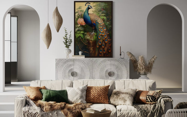 Chinese Peacock Framed Canvas Wall Art hanging above a white sideboard in a modern living room.