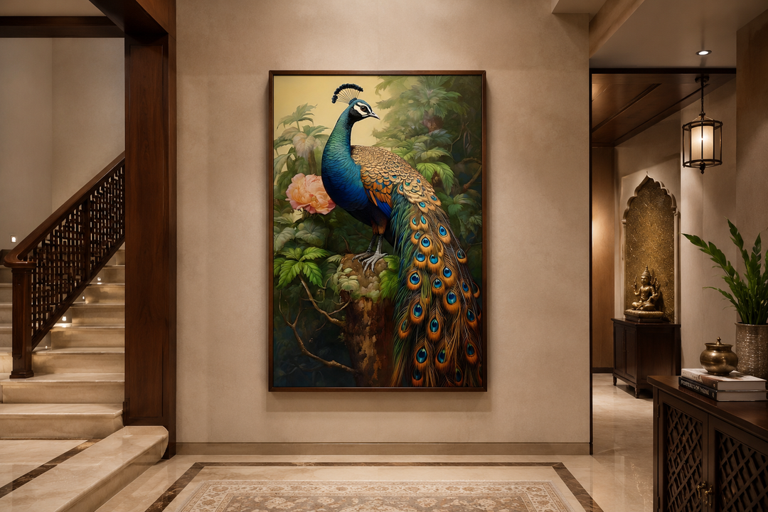 Chinese Peacock Framed Canvas Wall Art featuring a majestic peacock in a traditional style.