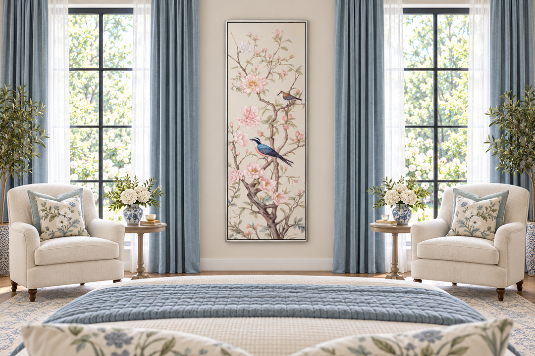 Tall narrow vertical Chinoiserie canvas print of birds on flowering branches in a bedroom setting.