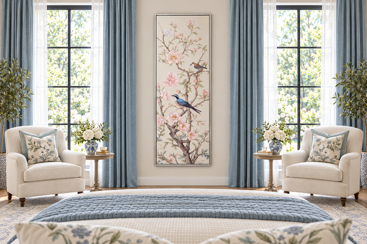 Tall narrow vertical Chinoiserie canvas print of birds on flowering branches in a bedroom setting.