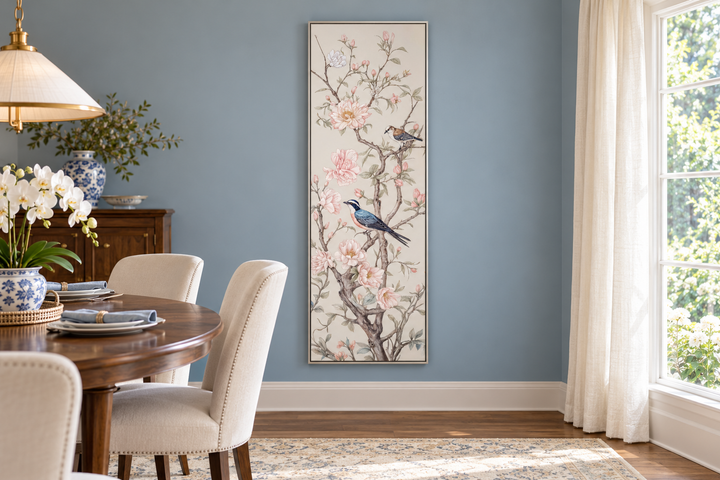 Tall narrow vertical Chinoiserie canvas print of birds on flowering branches in a blue dining room.