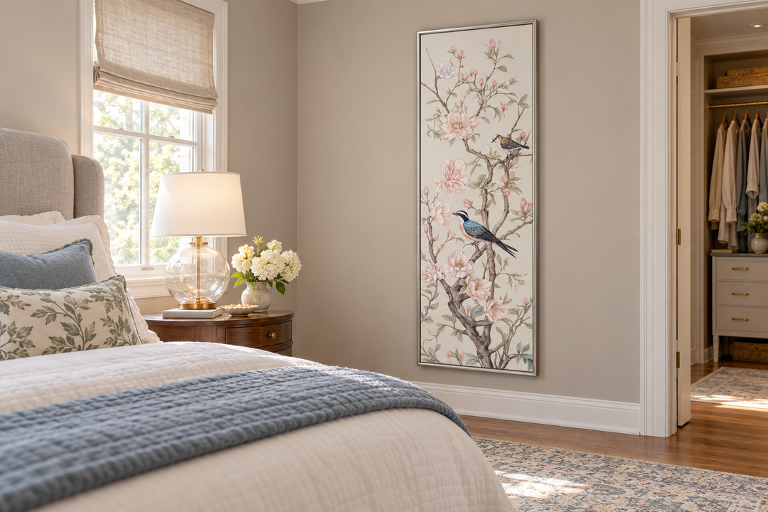Tall narrow vertical Chinoiserie birds on a branch canvas print in a silver frame on a bedroom wall.