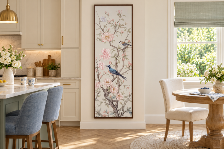Tall narrow vertical Chinoiserie canvas print featuring birds on flowering branches in a kitchen.