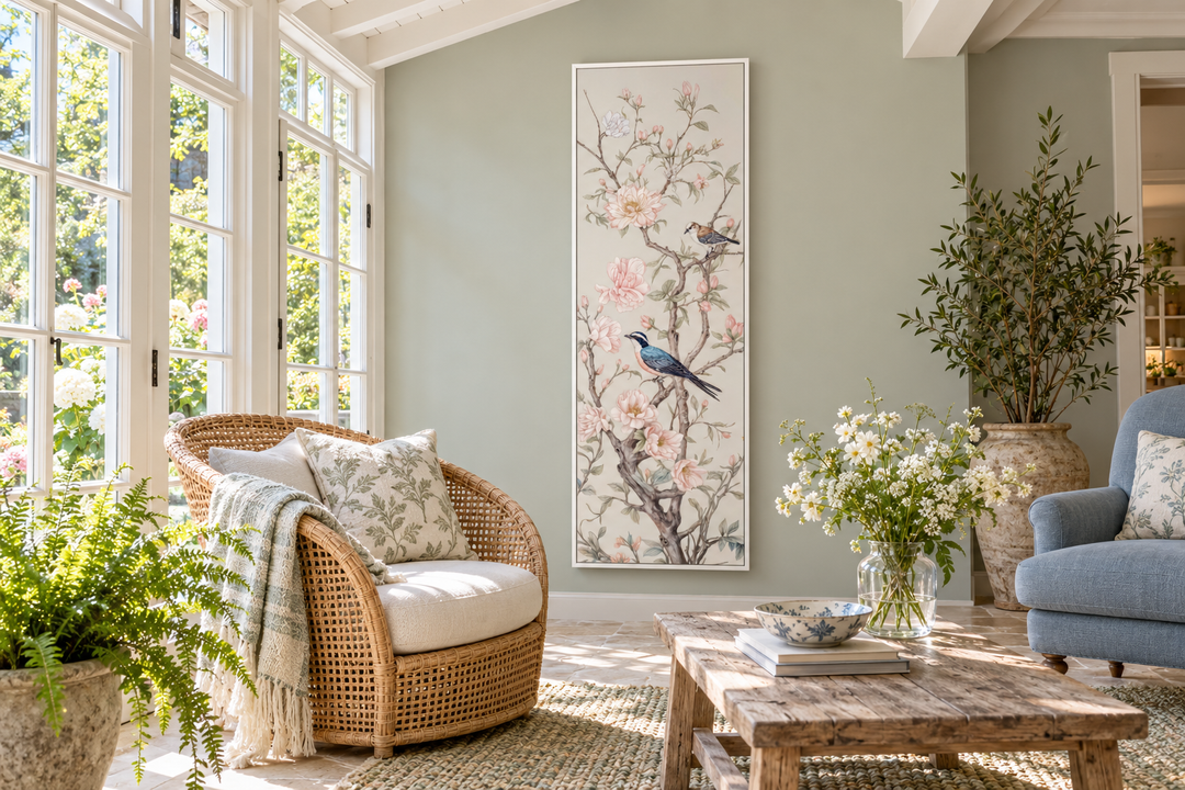 Tall narrow vertical Chinoiserie canvas print of birds on flowering branches in a sunlit room.
