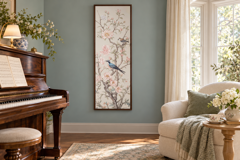 Tall narrow vertical Chinoiserie canvas print of birds on flowering branches in a music room.
