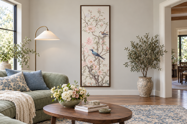 Tall narrow vertical Chinoiserie canvas print of birds on flowering branches in a living room.