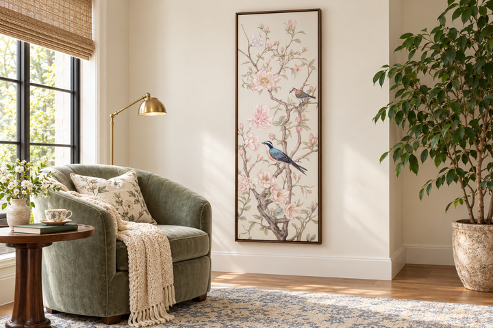 Tall narrow vertical Chinoiserie birds on a branch canvas print in a cozy reading nook.