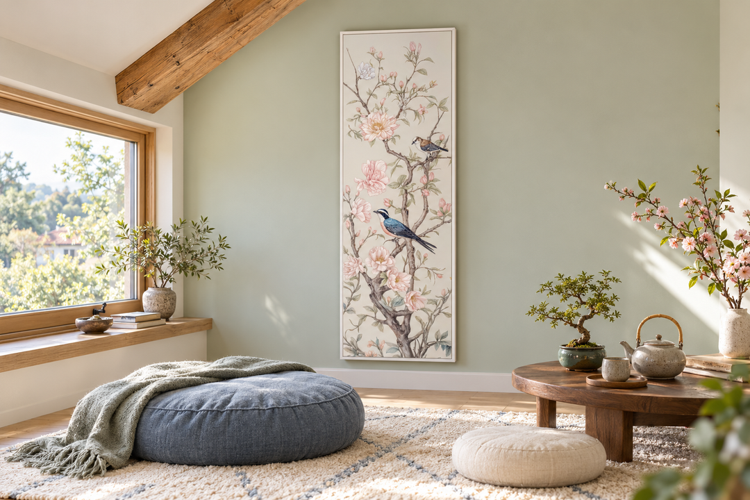 Tall narrow vertical Chinoiserie canvas print of birds on flowering branches in a zen room.