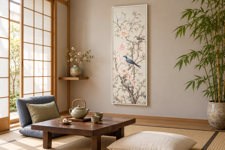 Tall narrow vertical Chinoiserie canvas print of birds on flowering branches in a Zen tea room.