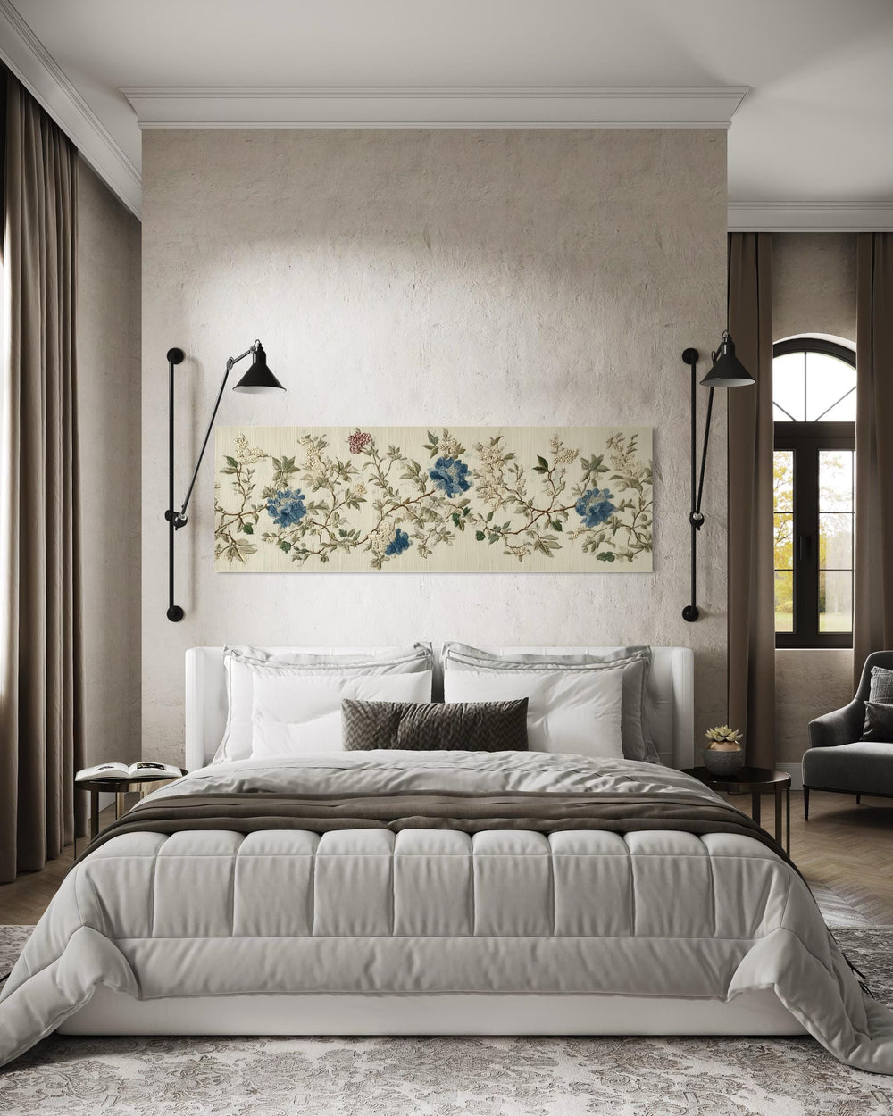 Chinoiserie floral botanical wall art in blue and beige on a long horizontal canvas above a bed.