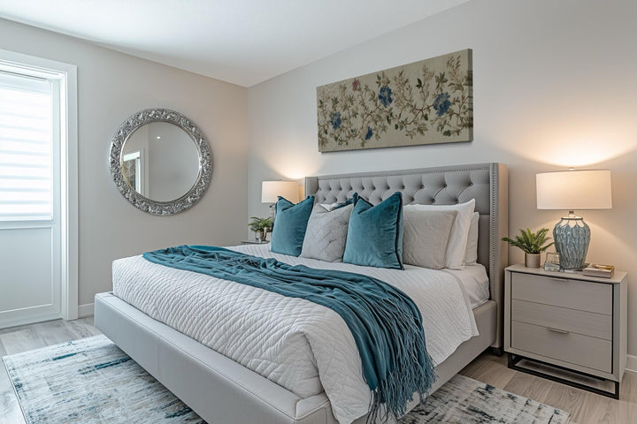 Chinoiserie floral botanical wall art in blue and beige above a tufted grey bed.
