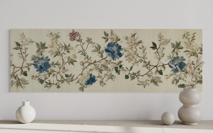 Long horizontal Chinoiserie floral canvas wall art featuring blue and beige botanical patterns.