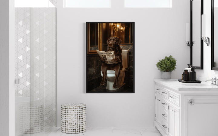 Chocolate Brown Labrador Retriever On Toilet Reading Newspaper Picture