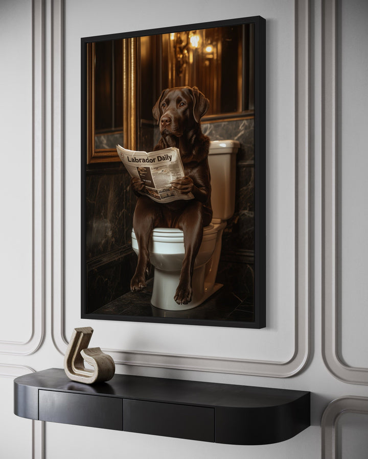 Chocolate Brown Labrador Retriever On Toilet Reading Newspaper Picture