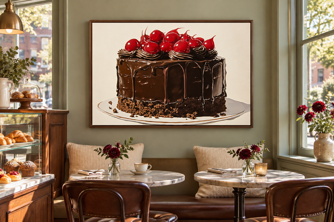 Chocolate cake with cherries framed canvas wall art displayed in a cozy bakery setting.