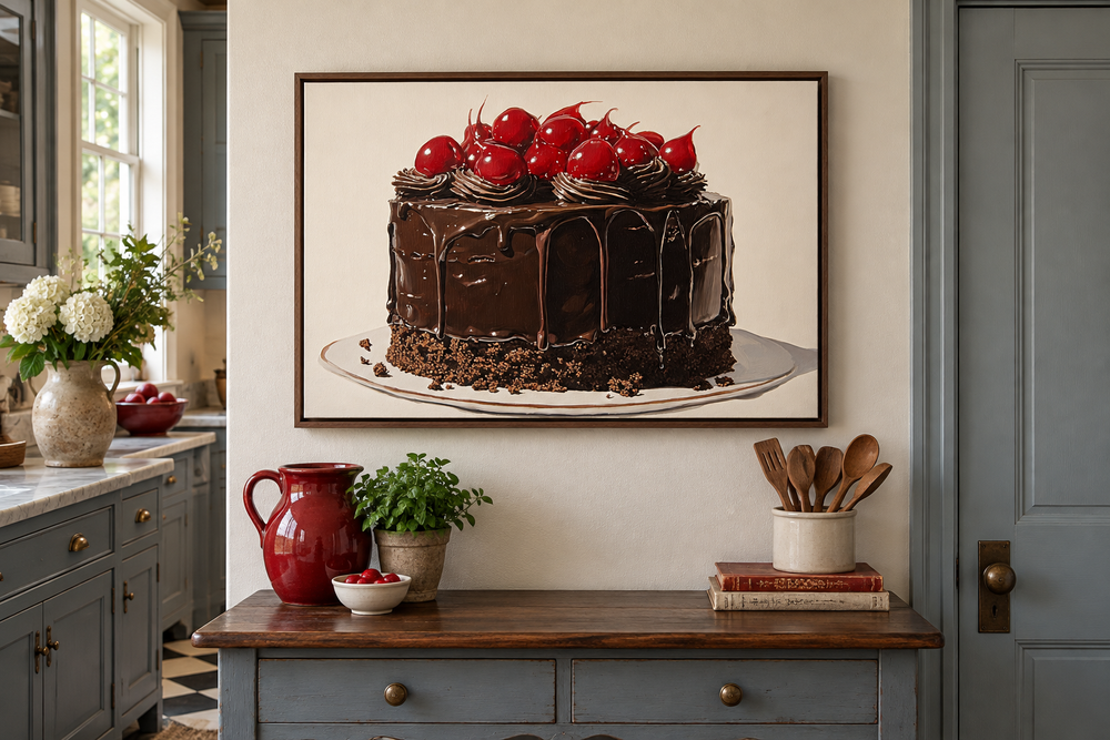 Framed canvas wall art of a decadent chocolate cake with cherries, hanging in a cottage kitchen.